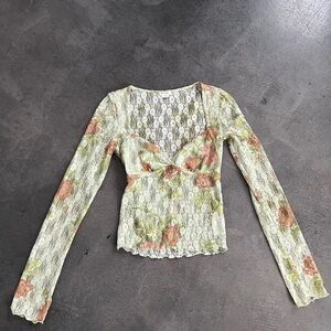 Urban Outfitters Floral Lace Long-Sleeve Top - Light Green/Rustic Orange